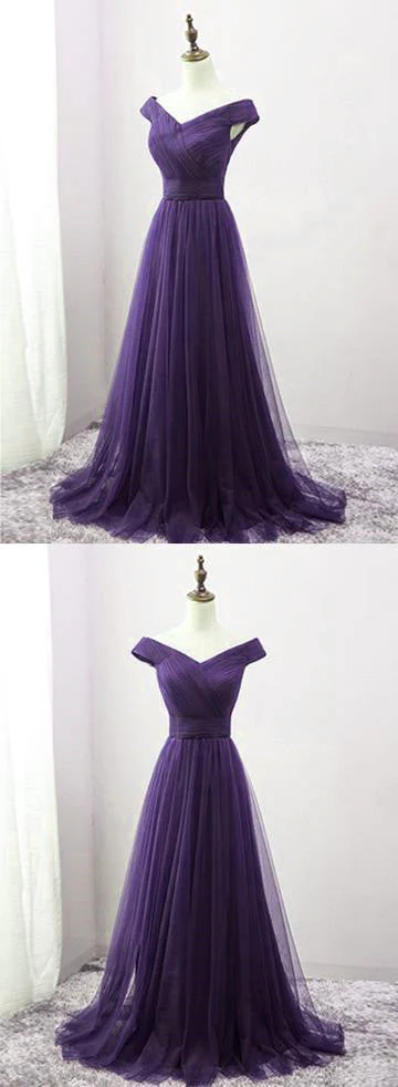 Solvbao Beautiful Off the Shoulder Long Purple Bridesmaid Dress, A-line Evening Gowns - Deanwangkt