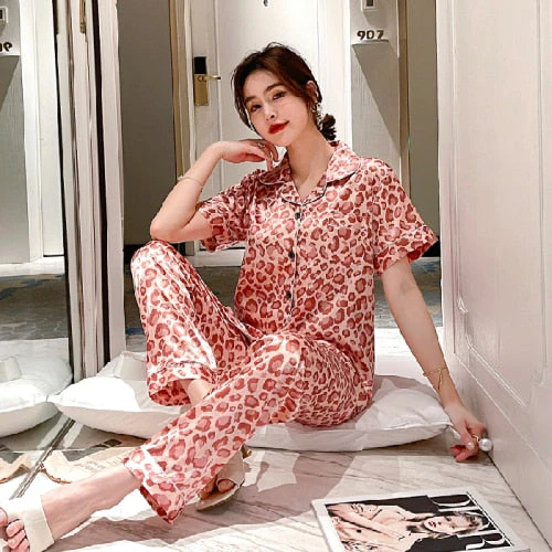 Newest Silk Pajamas for Women Sweet Leopard Pyjamas Woman Elegant Short Sleeve Long Pant Homewear Ladies Sleepwear Sets - Deanwangkt