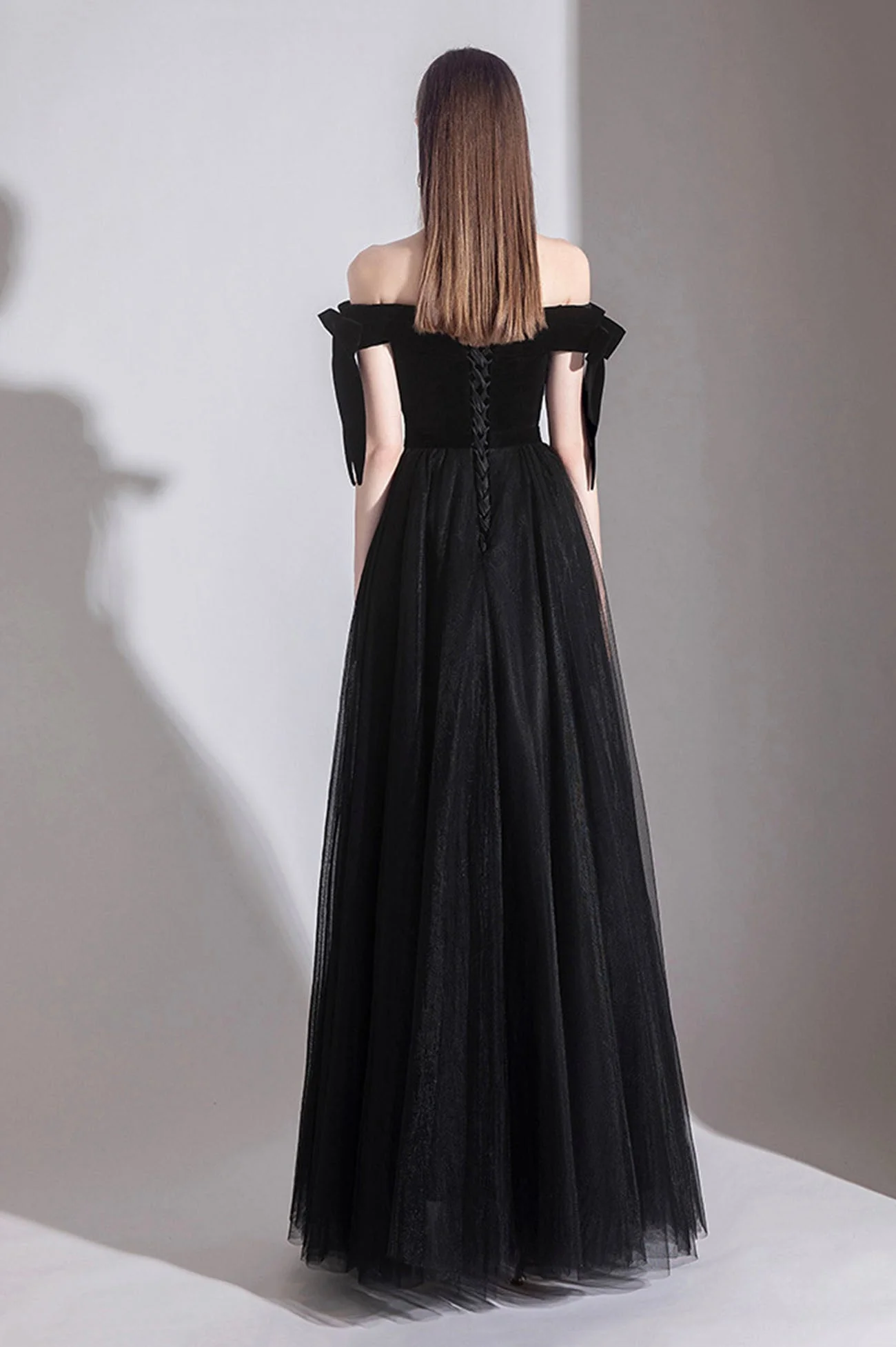 solvbao Black Tulle Off the Shoulder Prom Dress, Black A-Line Party Evening Dress - Deanwangkt