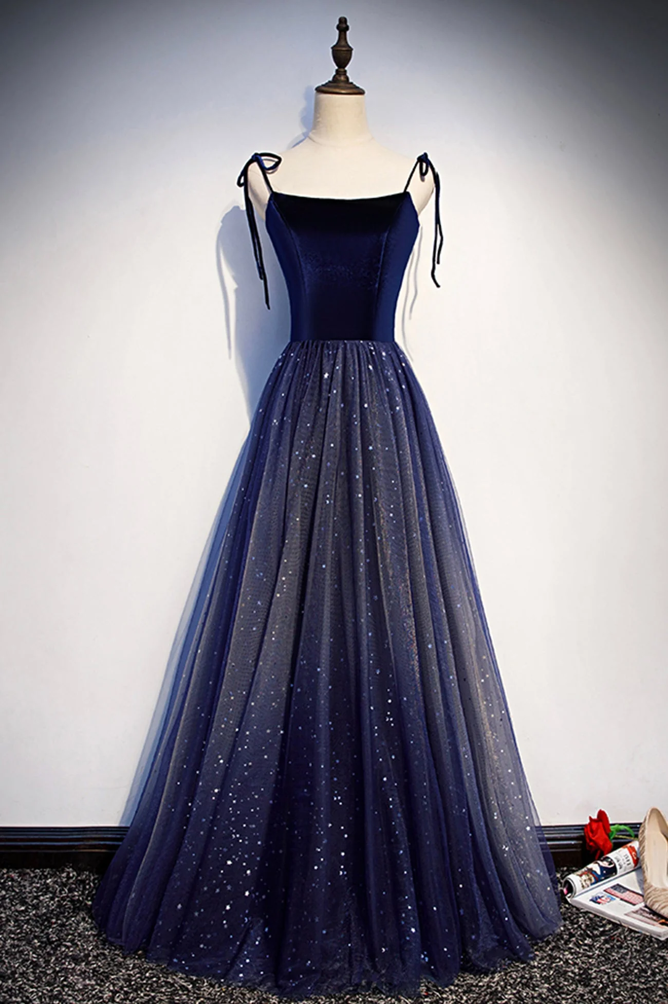 solvbao Blue Velvet Tulle Long Prom Dresses, Lovely A-Line Graduation Dresses - Deanwangkt