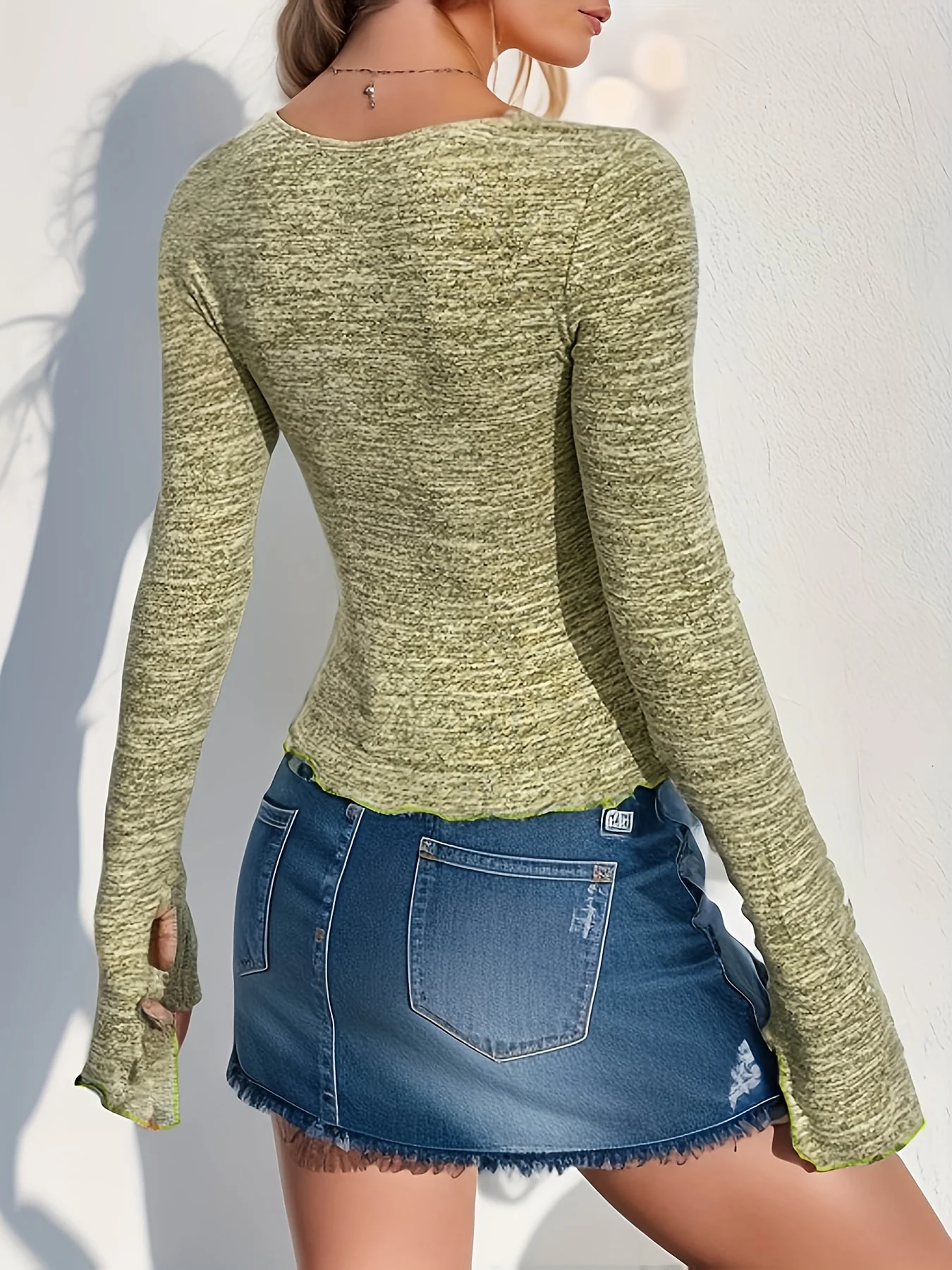 deanwangkt  Solid Drawstring Neck Tee, Y2K Long Sleeve Cut Out T-shirt, Women's Clothing - Deanwangkt