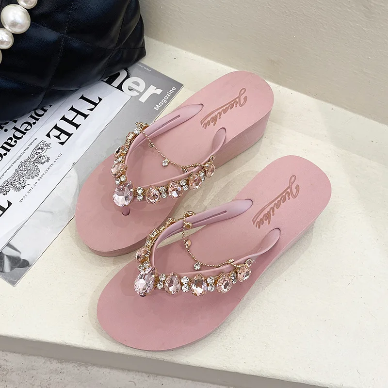 deanwangkt New Ins Rhinestone Chain Thick-soled Flip-flops Women Wear Beach Holiday Sandals and Slippers with Wedges Outside Summer. - Deanwangkt