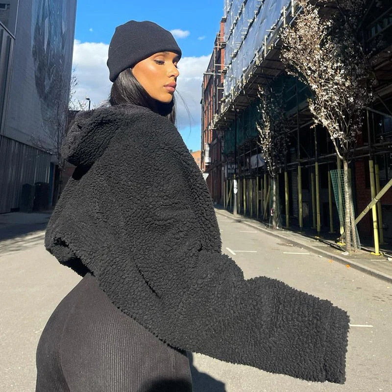 deanwangkt  Autumn Winter Women Teddy Lambswool Zipper Long Sleeve Sweatshirt Jacket Crop Top Warm Coat Streetwear Casual Loose - Deanwangkt