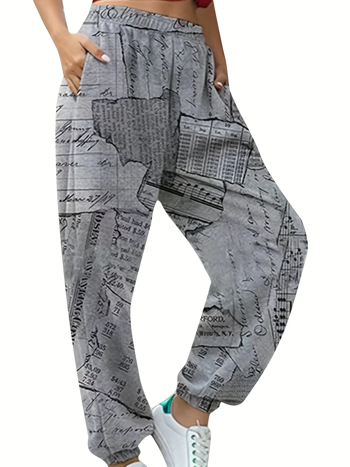deanwangkt-1  Newspaper Print Sweatpants, Casual Everyday Versatile Jogger Pants Trousers, Women's Clothing - Deanwangkt