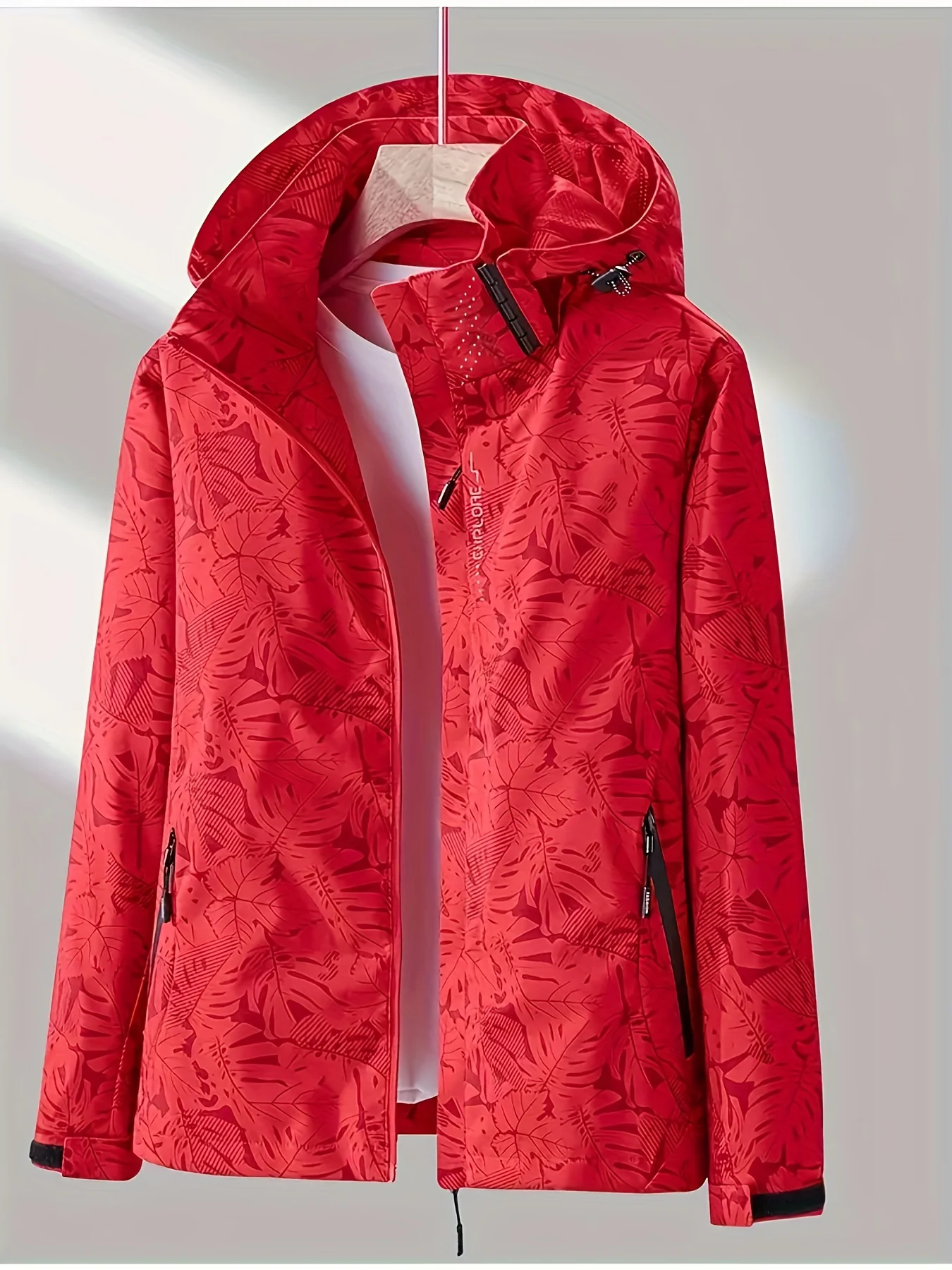 Leaf Print Outdoor Jacket With Removable Hood, Women's Windproof & Rainproof Jacket, Women's Outdoor Clothing - Deanwangkt