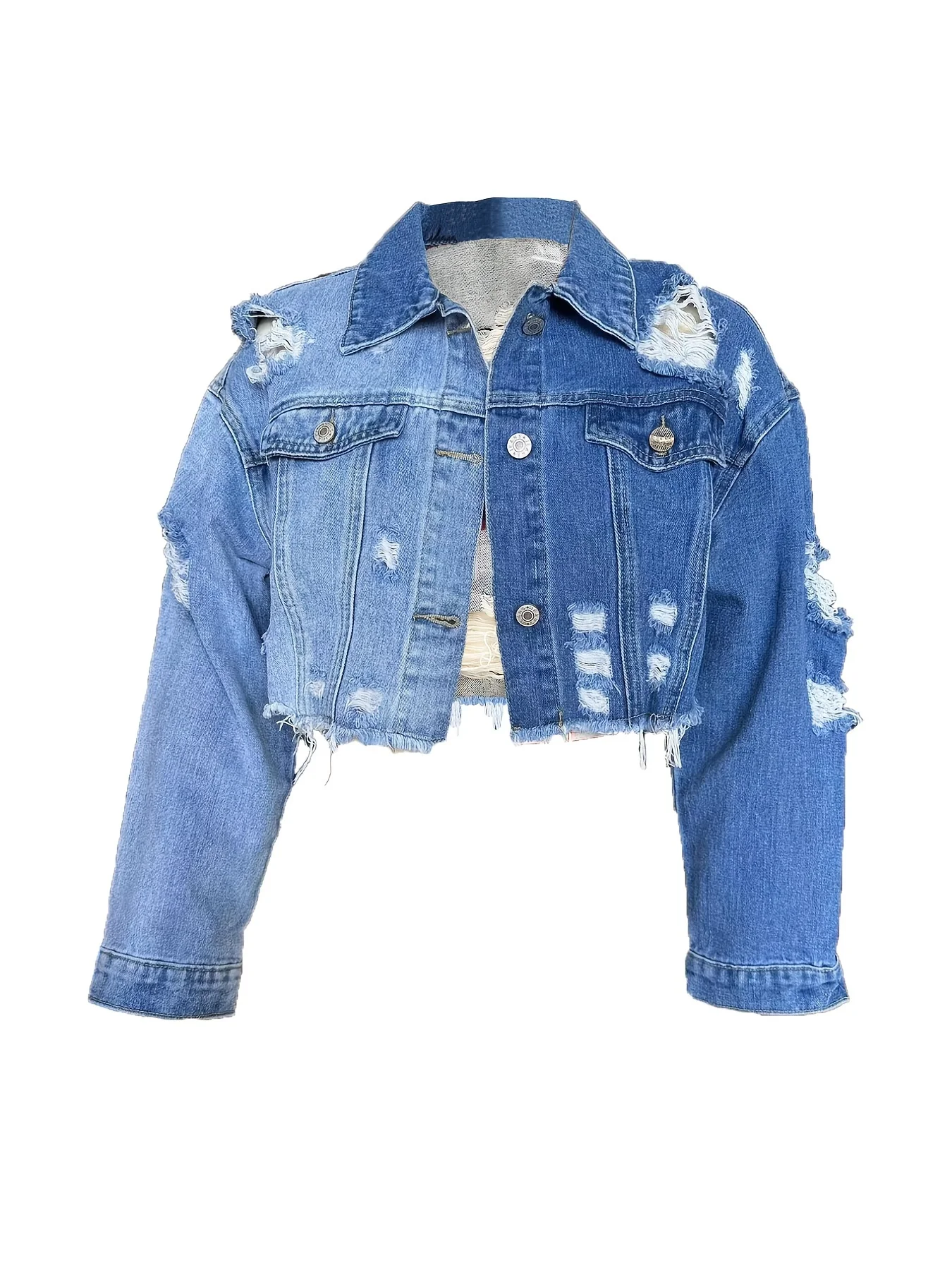 deanwangkt-1  Ripped Color Block Cropped Denim Jacket, Distressed Vintage Style Single-Breasted Long Sleeve Denim Coat, Women's Denim Jeans & Clothing - Deanwangkt