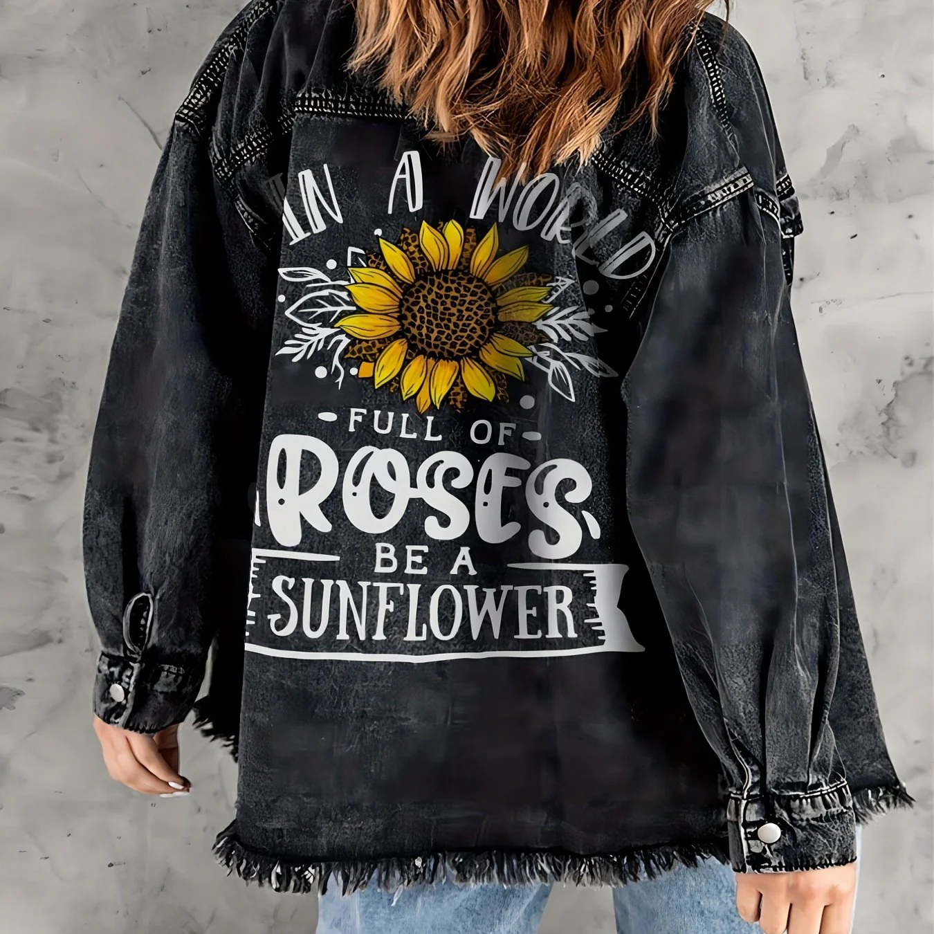 deanwangkt-1  Dark Grey Sunflower Denim Jackets, Long Sleeves Letter Print Casual Lapel Denim Coats, Women's Denim Clothing - Deanwangkt