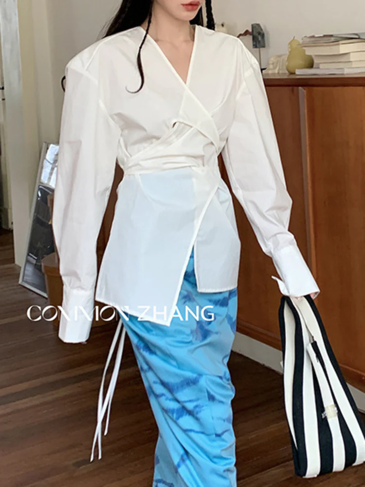 deanwangkt Fashion Women's Shirt V-neck Cross Bandage Waist Irregular Yellow Long Sleeve Blouse Causal Tide  Summer New CP0418 - Deanwangkt