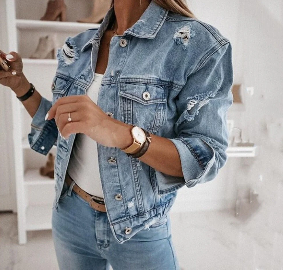 deanwangkt Women's  Casual Short Jean Jacket Sexy Denim Jackets Solid Casual Blue Cowboy Jackets Hole Loose Jean Coats - Deanwangkt