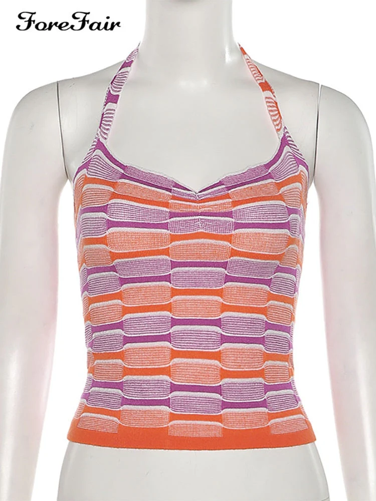 deanwangkt  Summer Women Crop Top Halter Neck Bandage Backless Off Shoulder Sleeveless Patchwork Beach Knit Sexy Tank Top - Deanwangkt