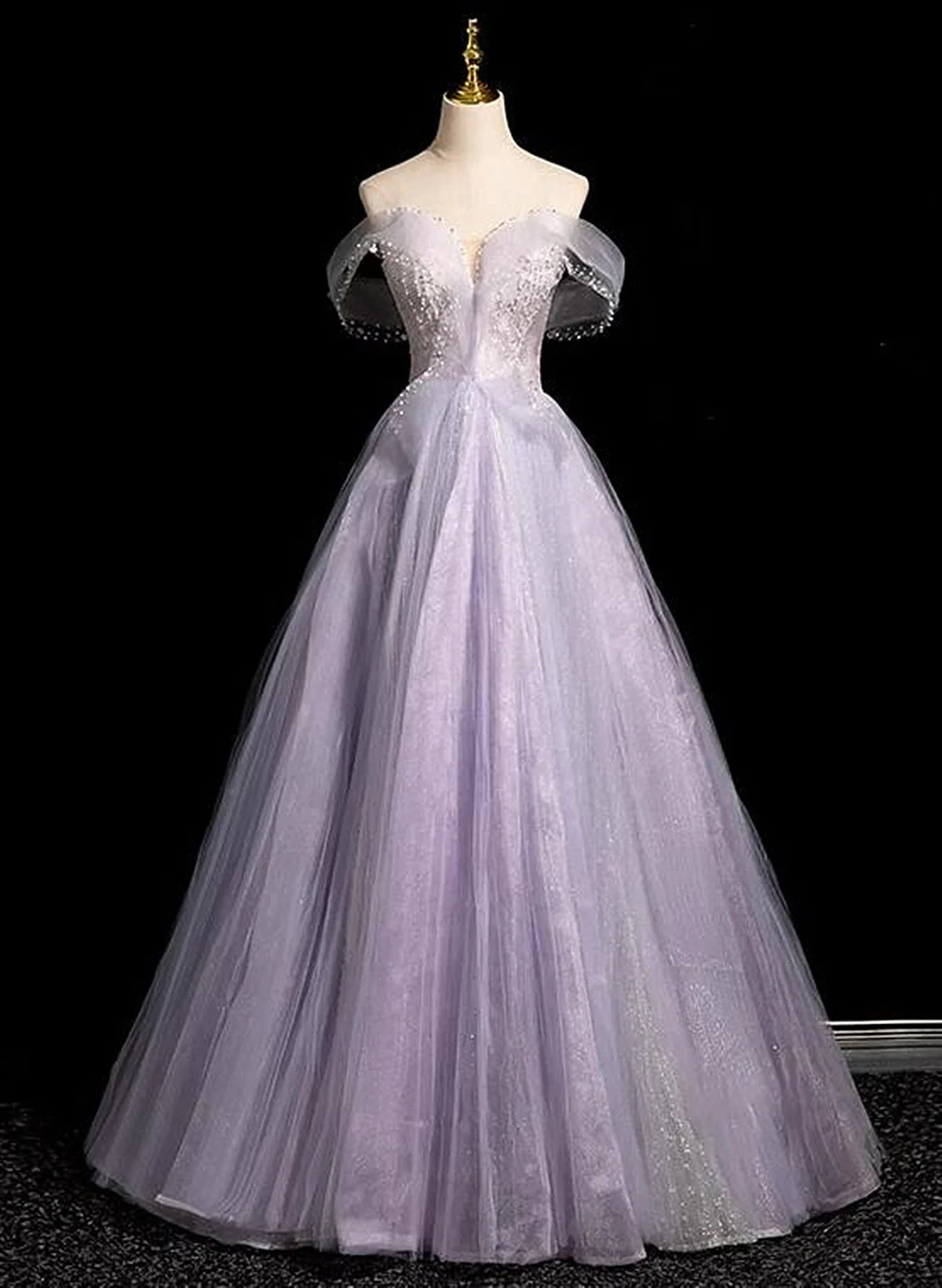 Solvbao Light Purple Off Shoulder Tulle Long Party Dress, A-line Light Purple Prom Dress - Deanwangkt