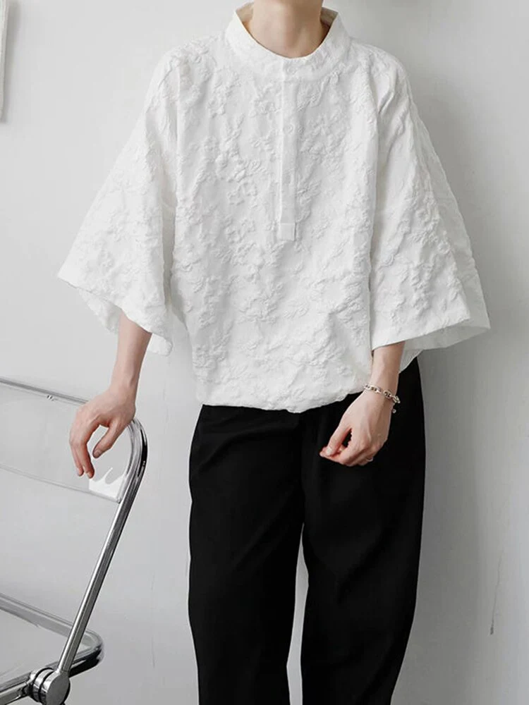 deanwangkt Women White Jacquard Big Size Blouse New Stand Collar Three-quarter Sleeve Shirt Fashion Tide Spring Autumn  1DF0855 - Deanwangkt