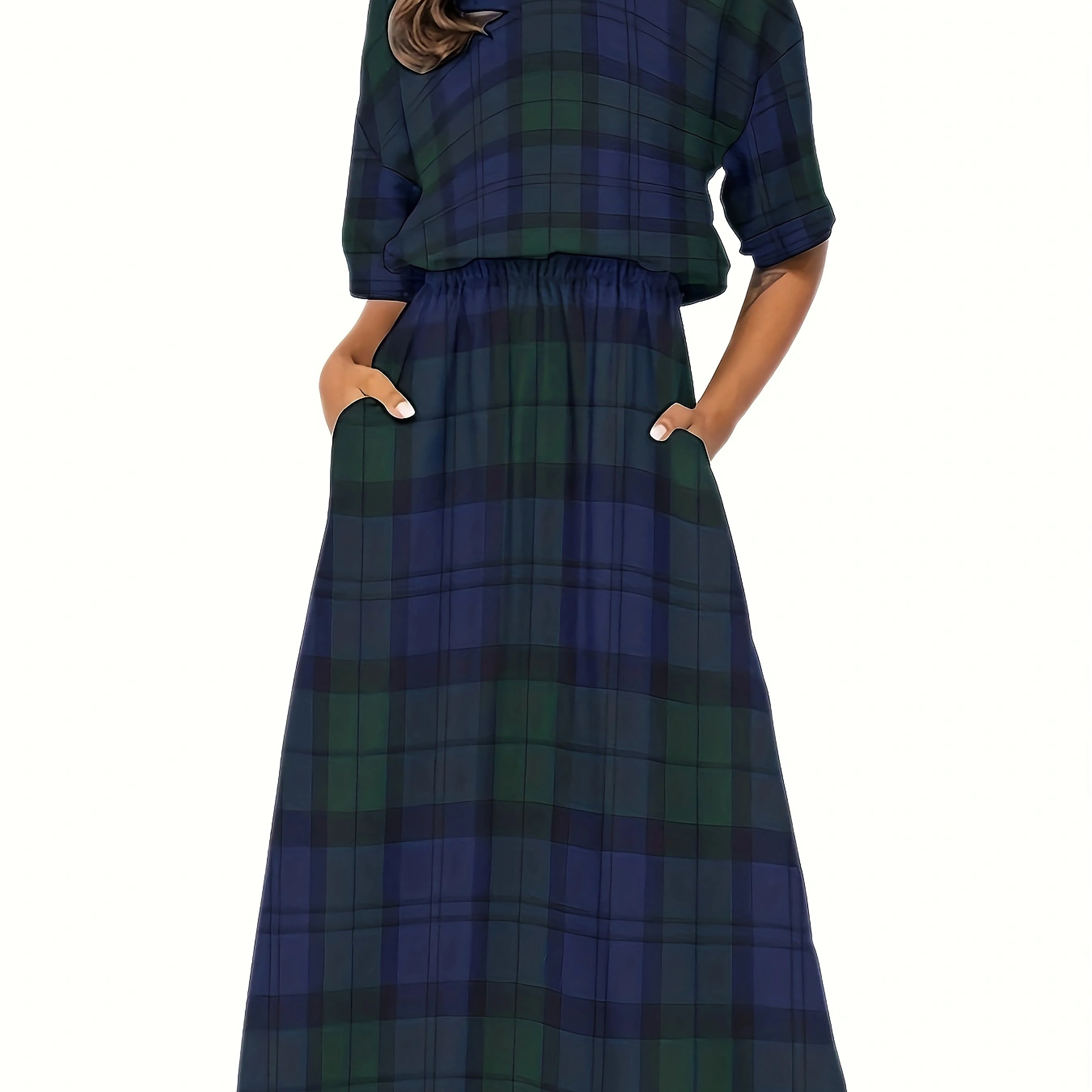 deanwangkt-1  Plaid Print Midi Dress, Elegant Crew Neck Half Sleeve Dress, Women's Clothing - Deanwangkt