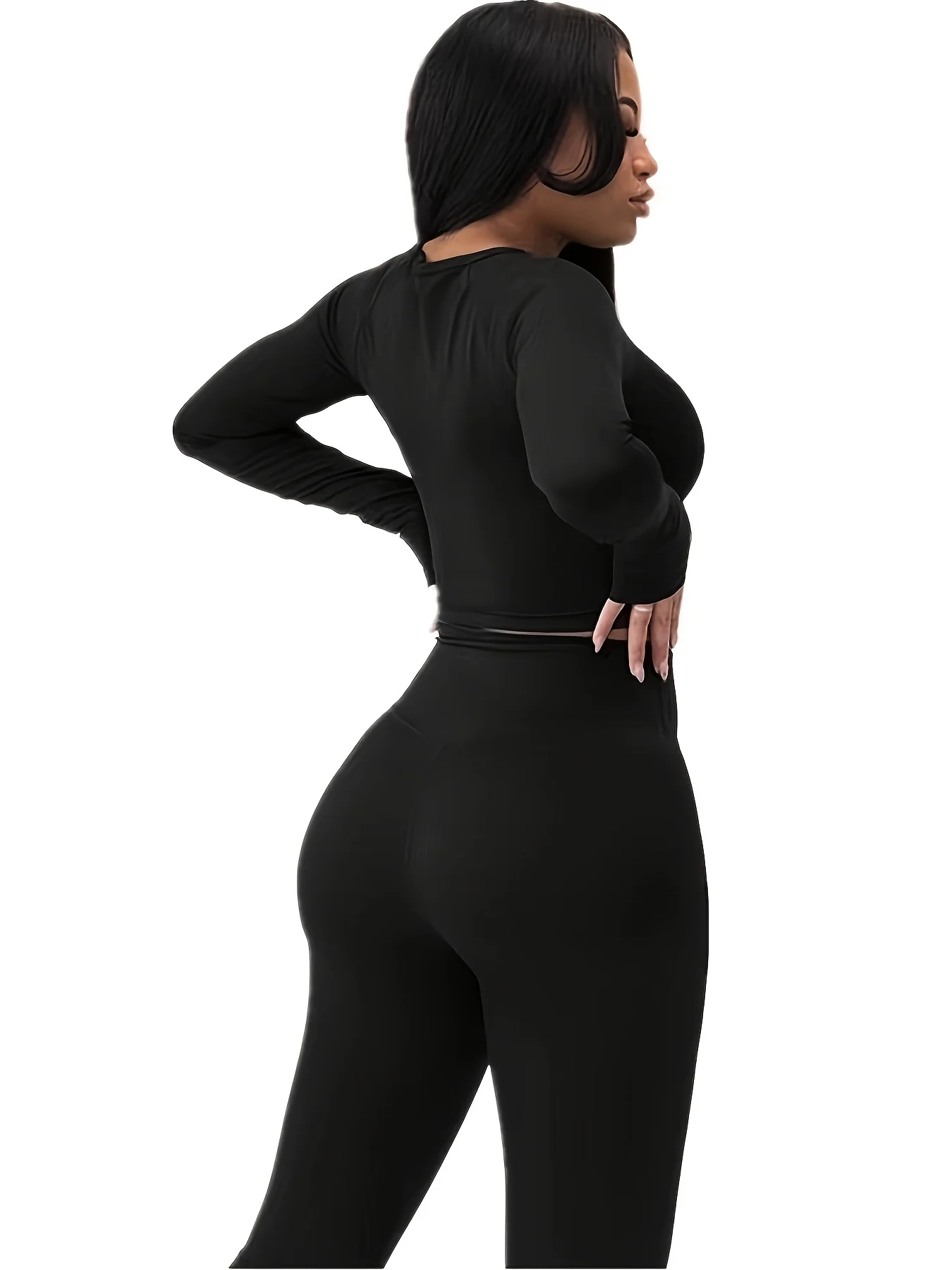 deanwangkt-1  Solid Bodycon Two-piece Set, Crew Neck Long Sleeve Tops & High Waist Long Length Pants Outfits, Women's Clothing - Deanwangkt