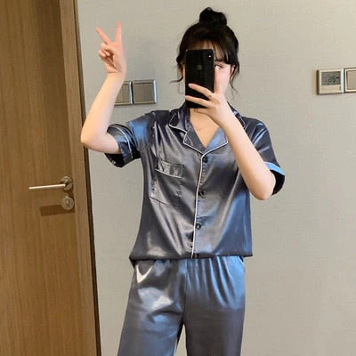 Newest Silk Pajamas for Women Sweet Leopard Pyjamas Woman Elegant Short Sleeve Long Pant Homewear Ladies Sleepwear Sets - Deanwangkt