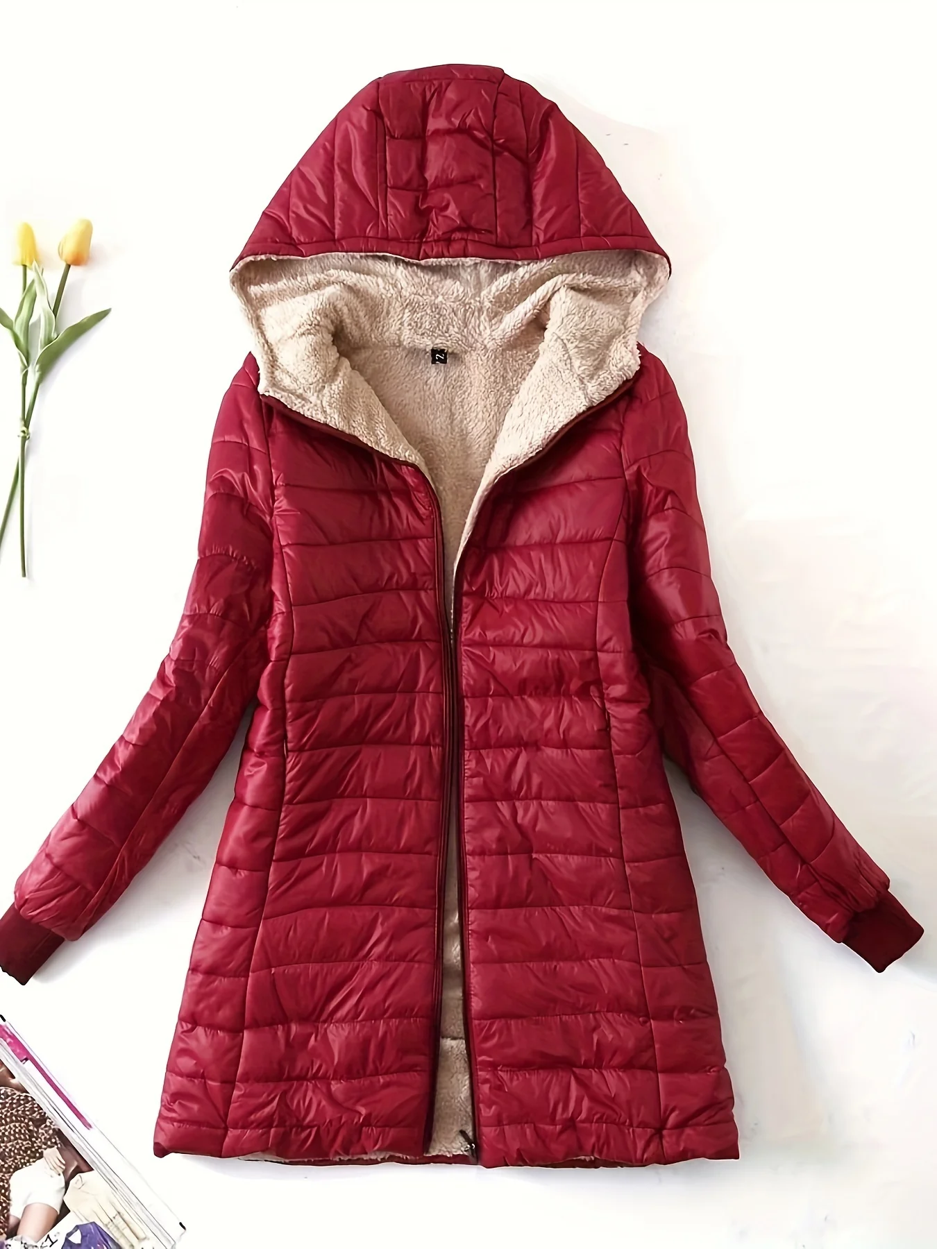 deanwangkt Zip Up Solid Hooded Coat, Casual Long Sleeve Winter Warm Outerwear, Women's Clothing - Deanwangkt