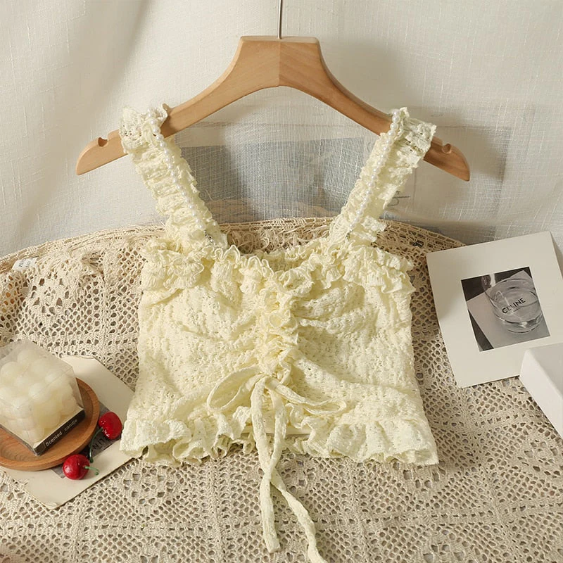 Women Sexy Edible Tree Fungus Camis Hot Sweet  Shirring Beading Strap Corset Elastic Dobby Summer Tank Tops Chic Sleeveless Tops - Deanwangkt