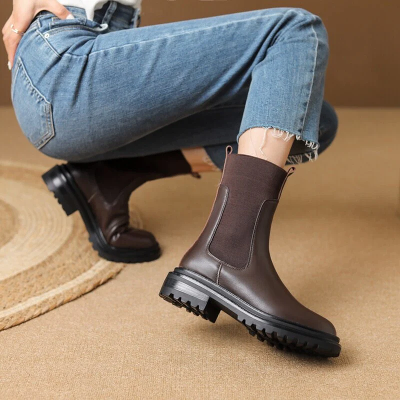 deanwangkt Autumn Shoes    Autumn Women Ankle Boots Round Toe Chunky Heel Boots Women Genuine leather Shoes Women Slip-on Black Boots Winter Shoes Women - Deanwangkt