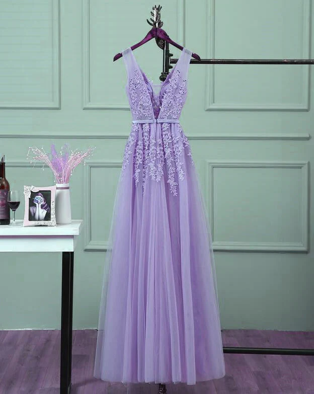 Solvbao Beautiful Light Purple Tulle Long Party Gown, A-line V-neckline Prom Dress - Deanwangkt
