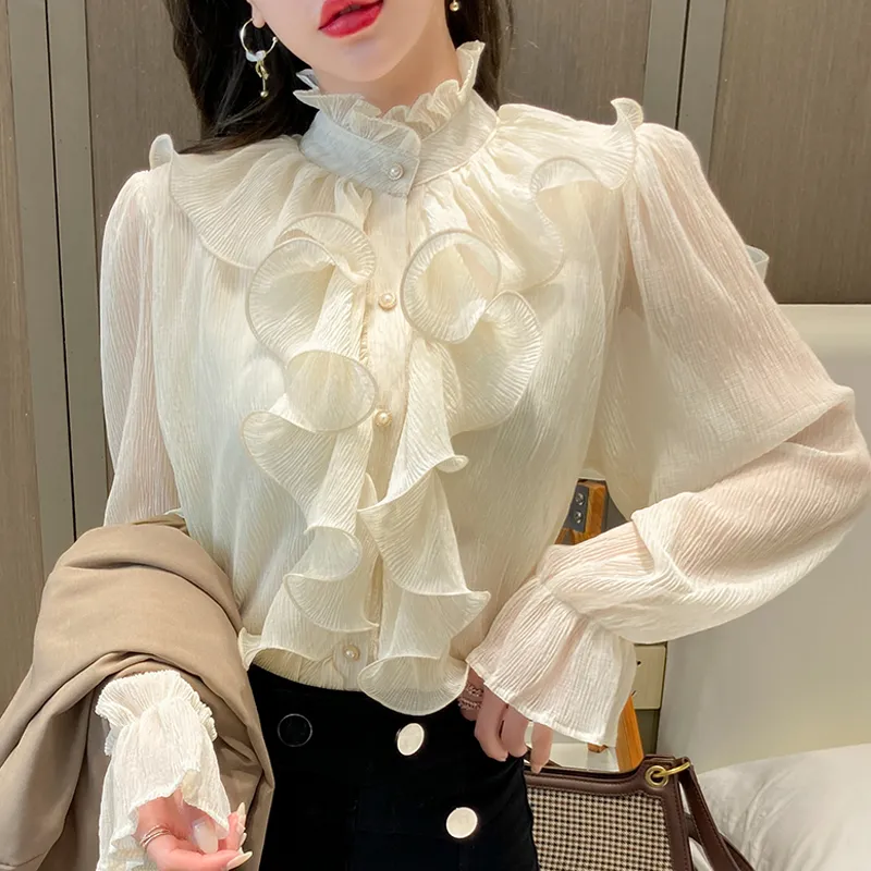 deanwangkt Vintage Ruffles Clothes Elegant Lace Blouse Women Spring Stand Collar White Chiffon Shirt Long Puff Sleeve Loose Tops - Deanwangkt