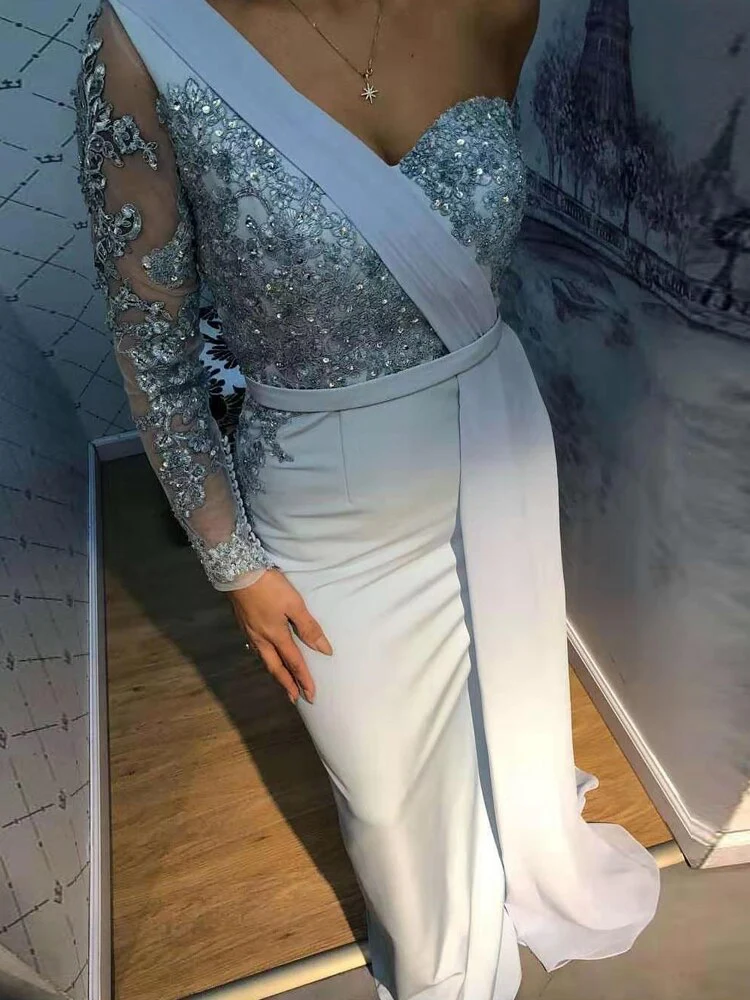 BEPEITHY One Shoulder Wedding Party Dress Long Sleeve  Vestido De Festa Long Evening Prom Dress - Deanwangkt