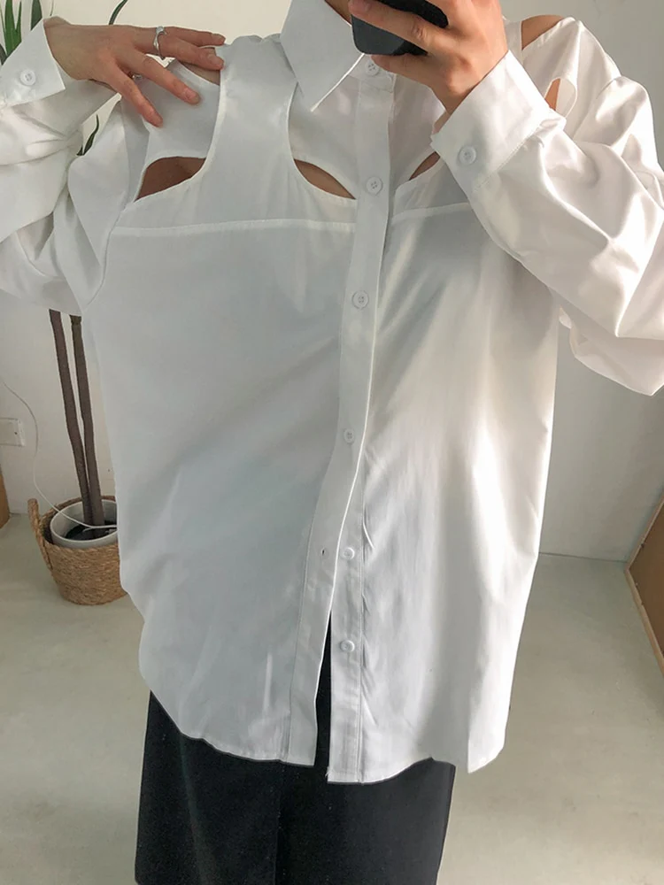 deanwangkt Minimalist Shirt For Women Lapel Long Sleeve Hollow Out Patchwork Casual Loose Blouse Female Autumn Clothing  New - Deanwangkt