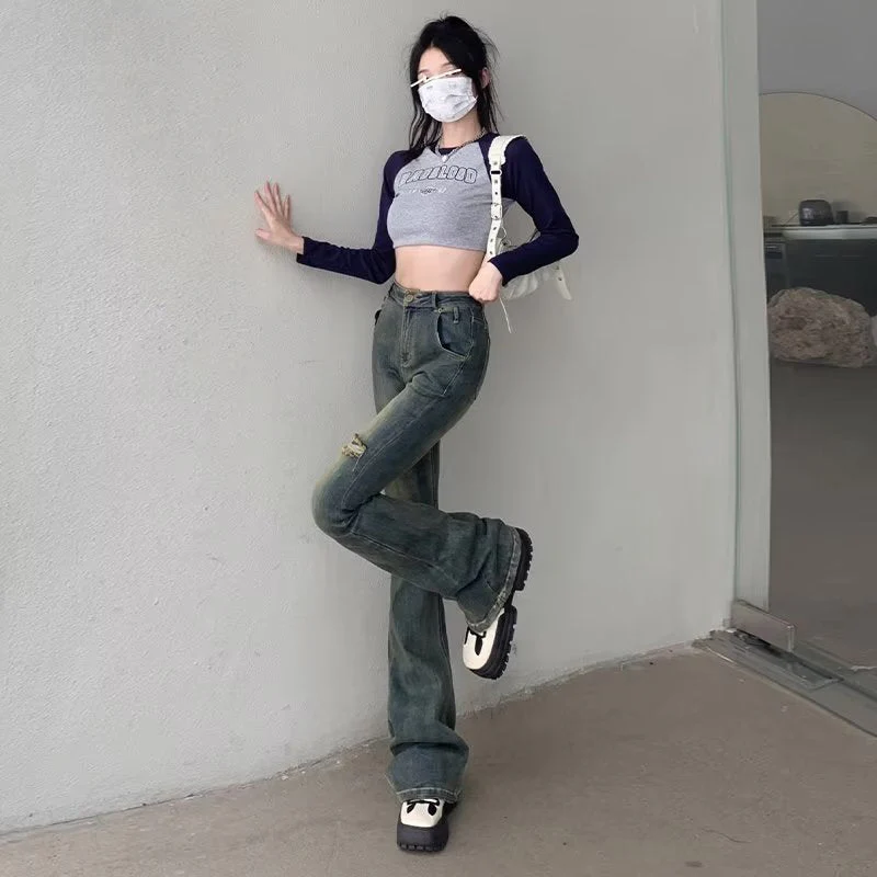 deanwangkt Micro Flared Pants, Spring And Autumn Pants, High Waisted Jeans, Minimalist New Style, Fashionable Harajuku Women's Trend - Deanwangkt