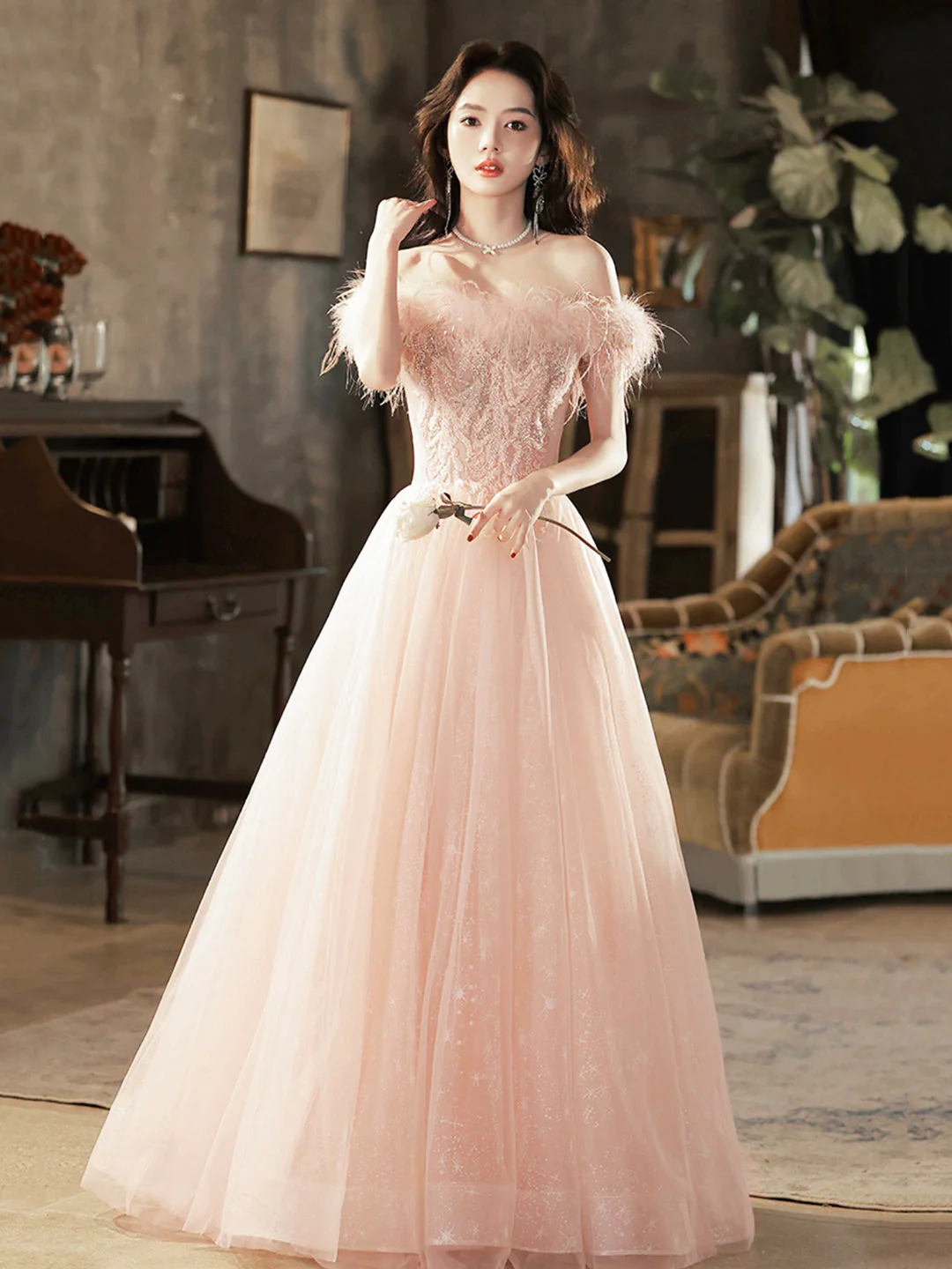 solvbao Pink Tulle Lace Long Prom Dress with Feathers, Off Shoulder Pink Evening Dress - Deanwangkt