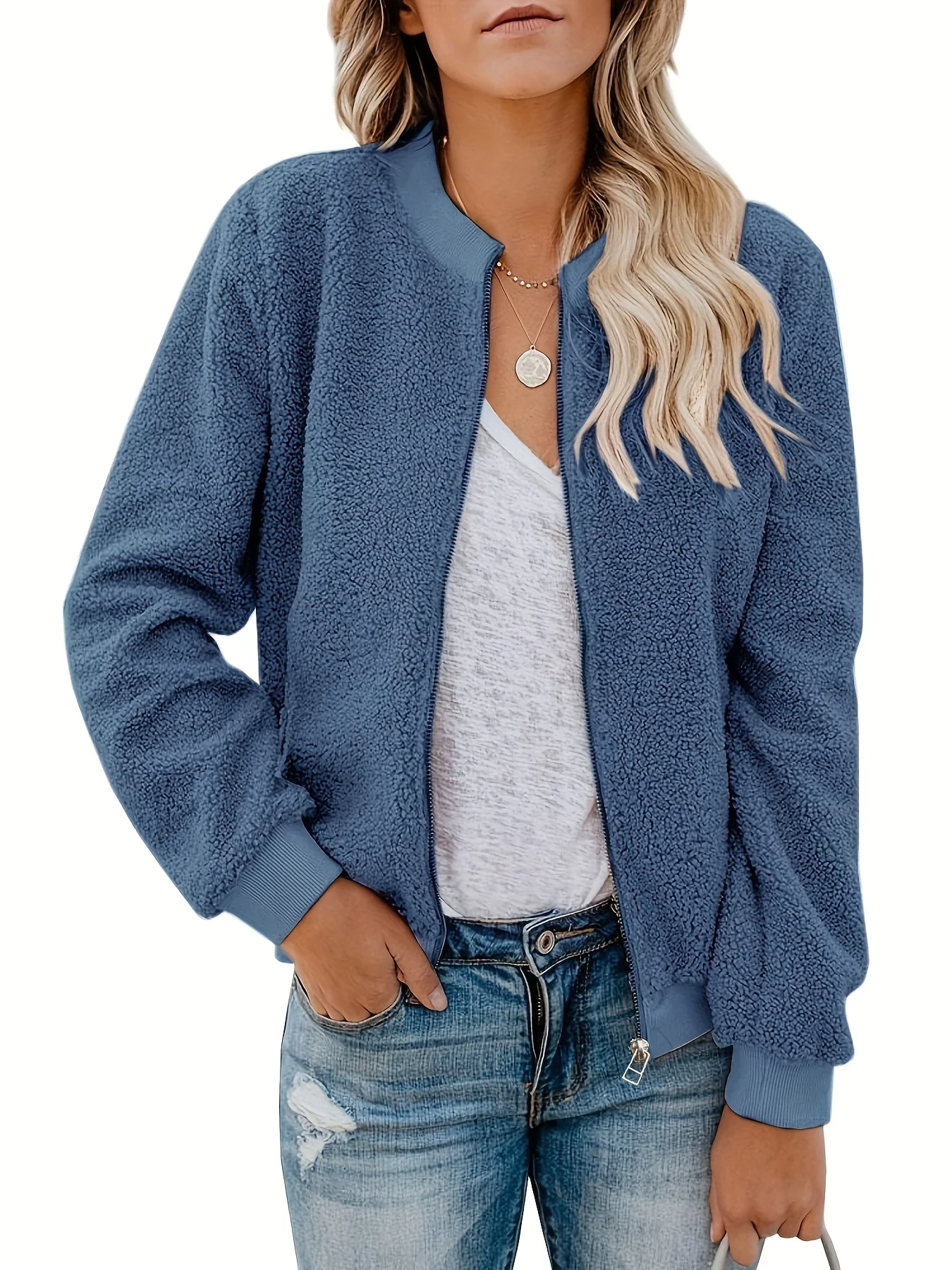 deanwangkt-1  Zip Up Fuzzy Jacket, Casual Long Sleeve Solid Versatile Outerwear, Women's Clothing - Deanwangkt