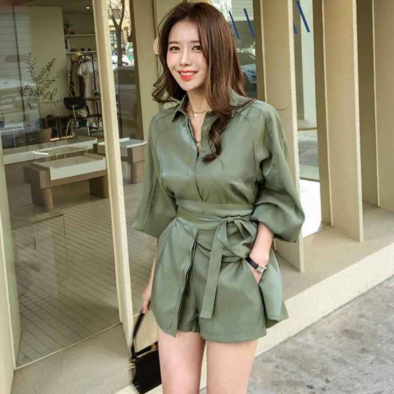 deanwangkt Women White Long Shirts Shorts Two Piece Sets Lantern Sleeve Belt Blouse + Mini Pant Suits  Summer Fashion OL Clothing Set - Deanwangkt