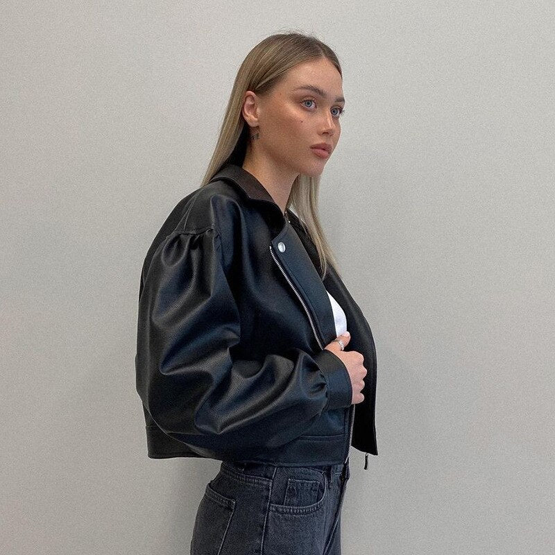 deanwangkt Y2K  Fashion PU Leather Black Jackets for Women Fall Winter Zip Up Cardigan Cropped Jackets and Coats Loose Clothes - Deanwangkt