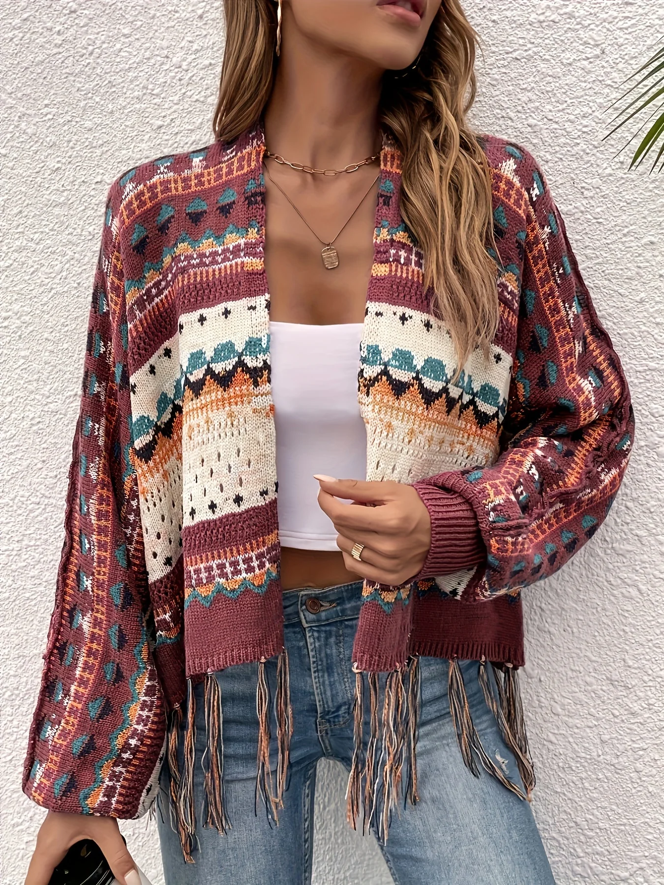 deanwangkt-1 Ethnic Graphic Pattern Tassel Cardigan, Vintage Open Front Cardigan For Spring & Fall, Women's Clothing - Deanwangkt