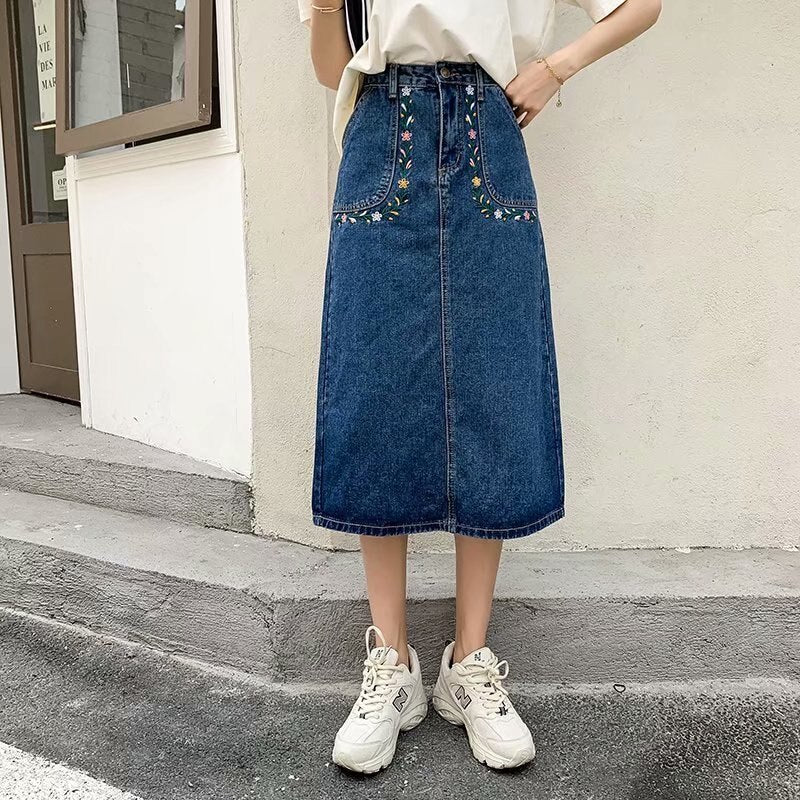 deanwangkt  New Denim Skirt Women's Spring And Autumn Design Sense Mid-length High Waist Large Size Slim Embroidered Long Skirt - Deanwangkt
