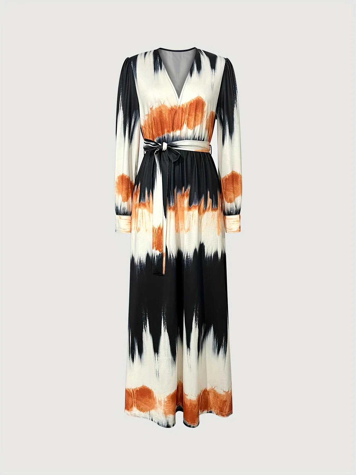 Gradient Print Cuff Sleeve Dress, Casual V Neck Tie-waist Dress For Spring & Fall, Women's Clothing - Deanwangkt