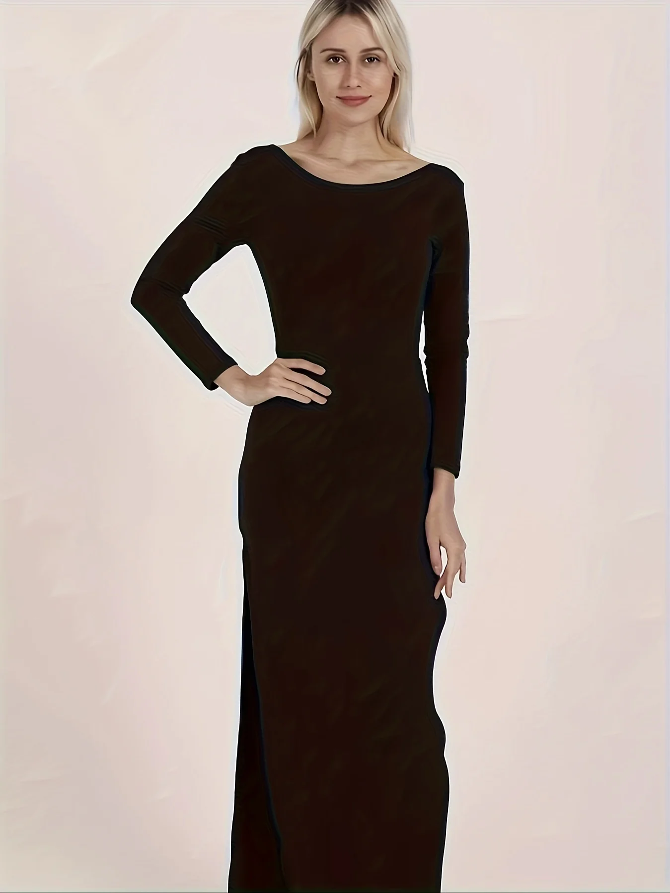 Solid Backless Split Hem Dress, Stylish Crew Neck Long Sleeve Dress For Club & Party, Women's Clothing - Deanwangkt