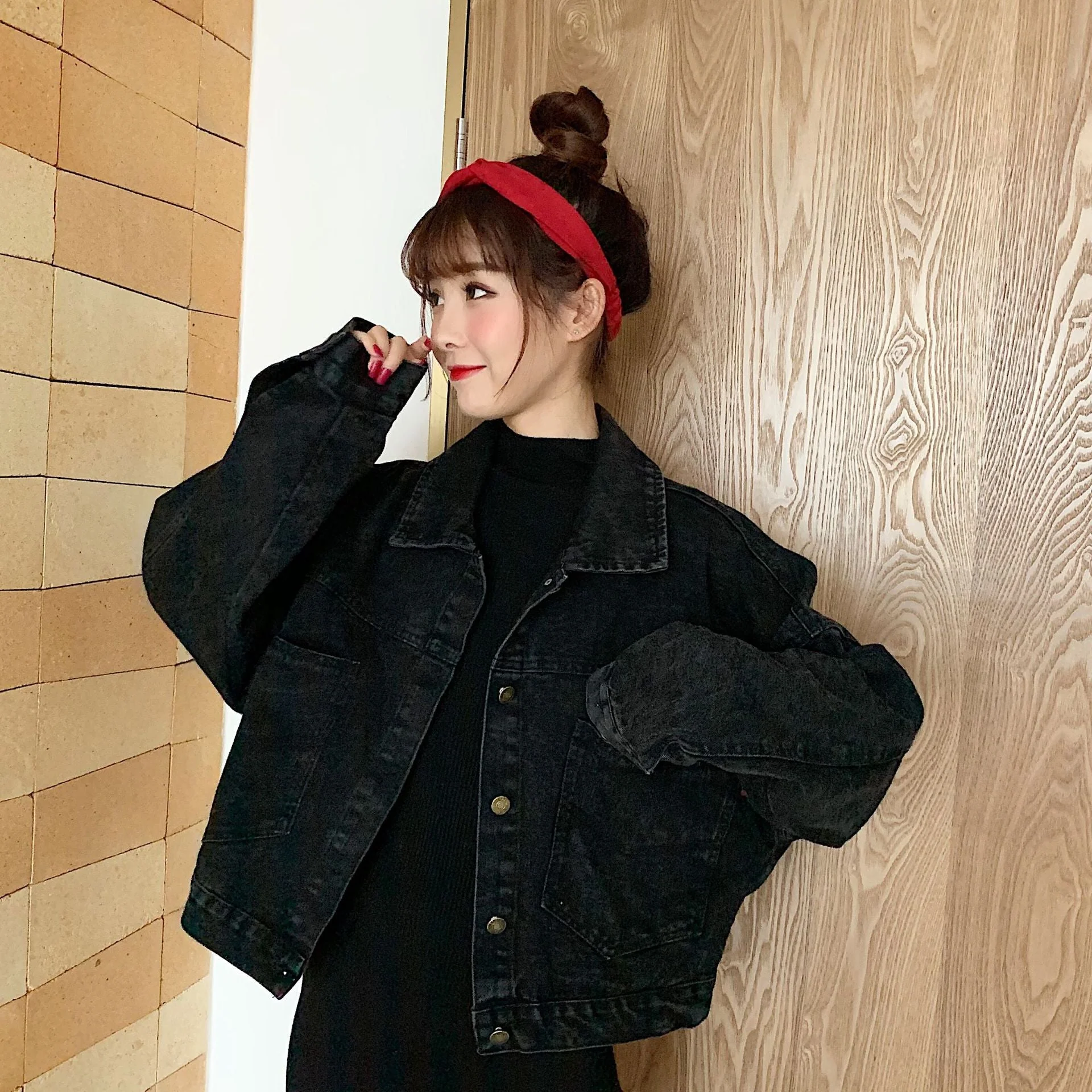 deanwangkt Harajuku Black Denim Short Jacket Women Korean Loose Bomber Jacket Female Outerwear Streetwear Long Sleeve Casual Overcoat Mujer - Deanwangkt
