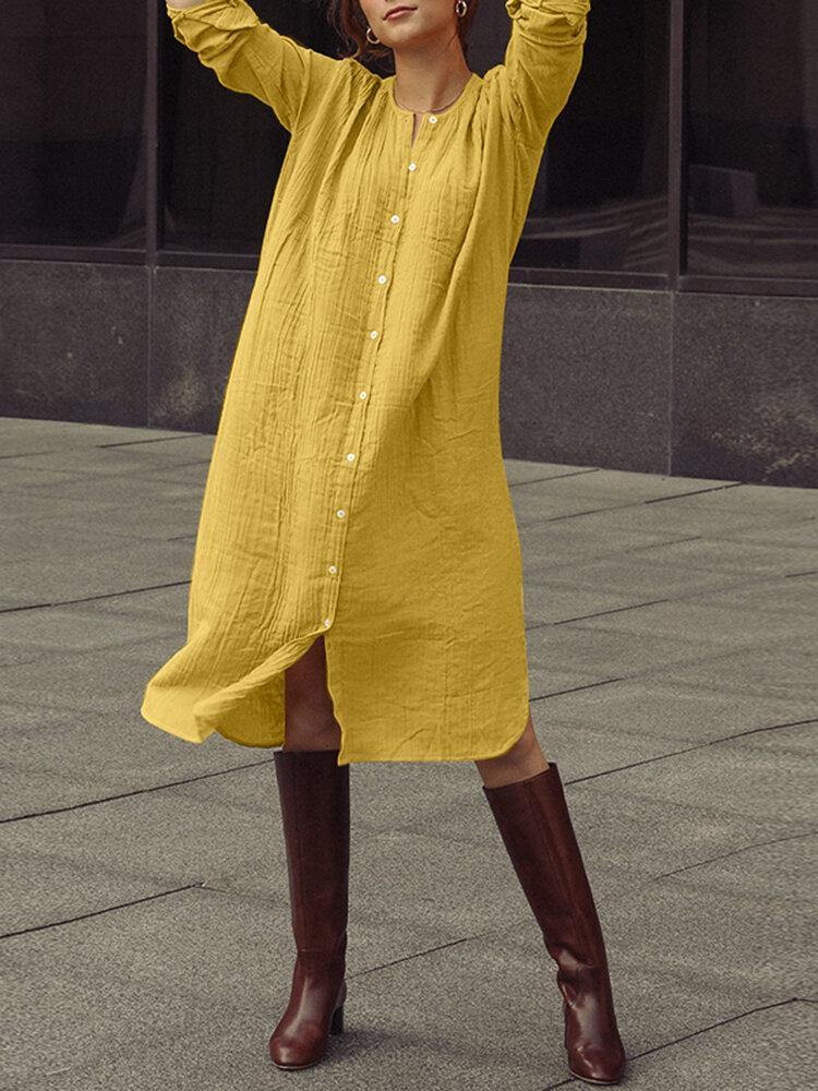 deanwangkt Casual Solid Plain Long Sleeve Button Cotton Shirt Dress - Deanwangkt