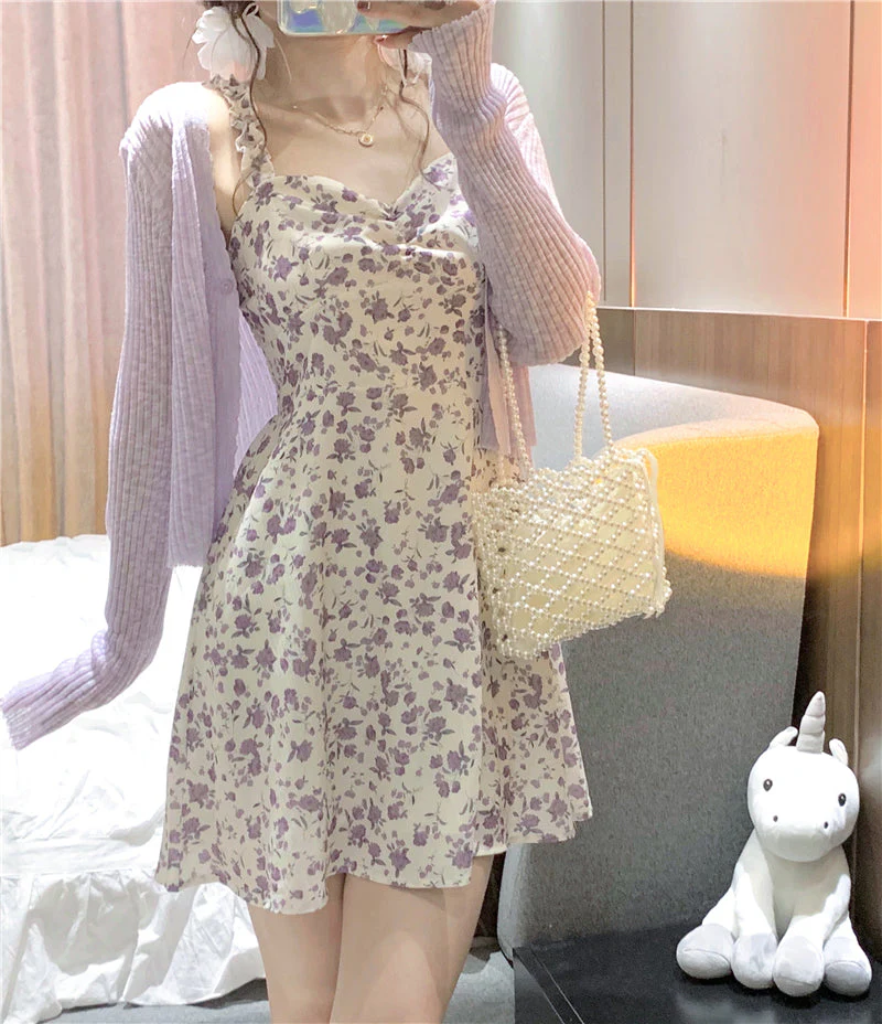 Floral Slip Dress Ladies Mini A-line Strap Dress  High Waist Ruched Purple Sundress For Women Spring  Clothing Robe Femme Fairy Dress - Deanwangkt
