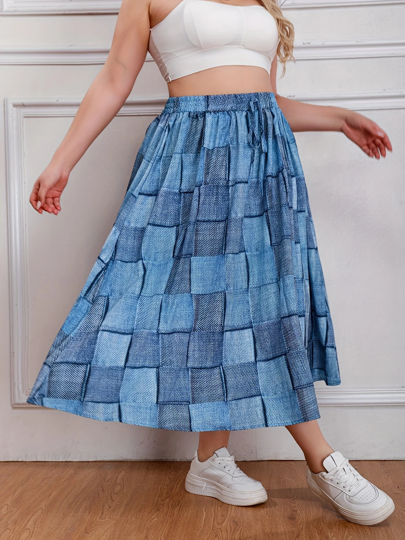 Plus Size Casual Skirt, Women's Plus Colorblock Denim Print Drawstring Elastic High Rise Slight Stretch Smock Maxi Skirt - Deanwangkt
