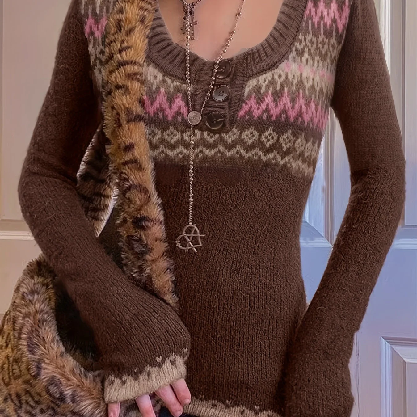 deanwangkt  Y2K Ethnic Pattern Pullover Sweater, Button Scoop Neck Long Sleeve Slim Sweater, Women's Clothing - Deanwangkt