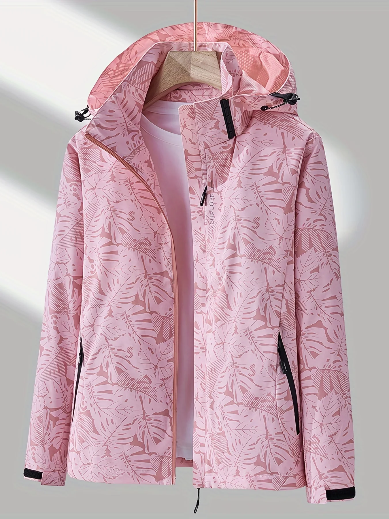 Leaf Print Outdoor Jacket With Removable Hood, Women's Windproof & Rainproof Jacket, Women's Outdoor Clothing - Deanwangkt