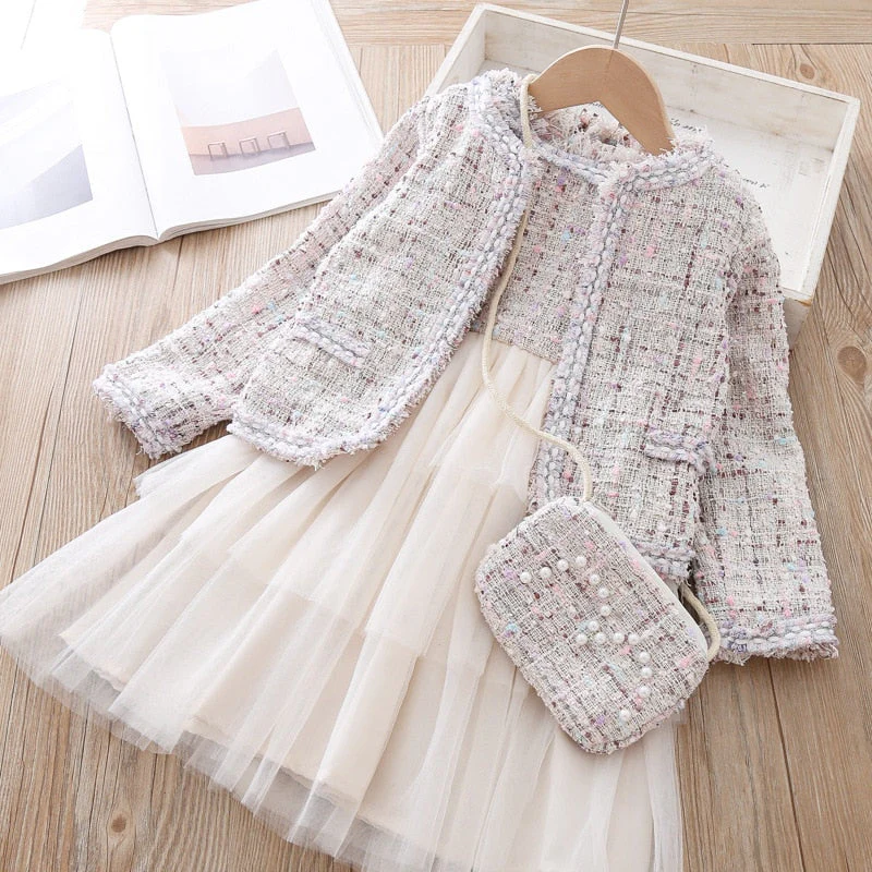deanwangkt Baby Girl Clothes  Children Suits Korean Version Small Fragrance Girl Plaid Doll Collar Jacket + Love Vest Skirt 2Pcs Clothes Suit Wool Coat - Deanwangkt