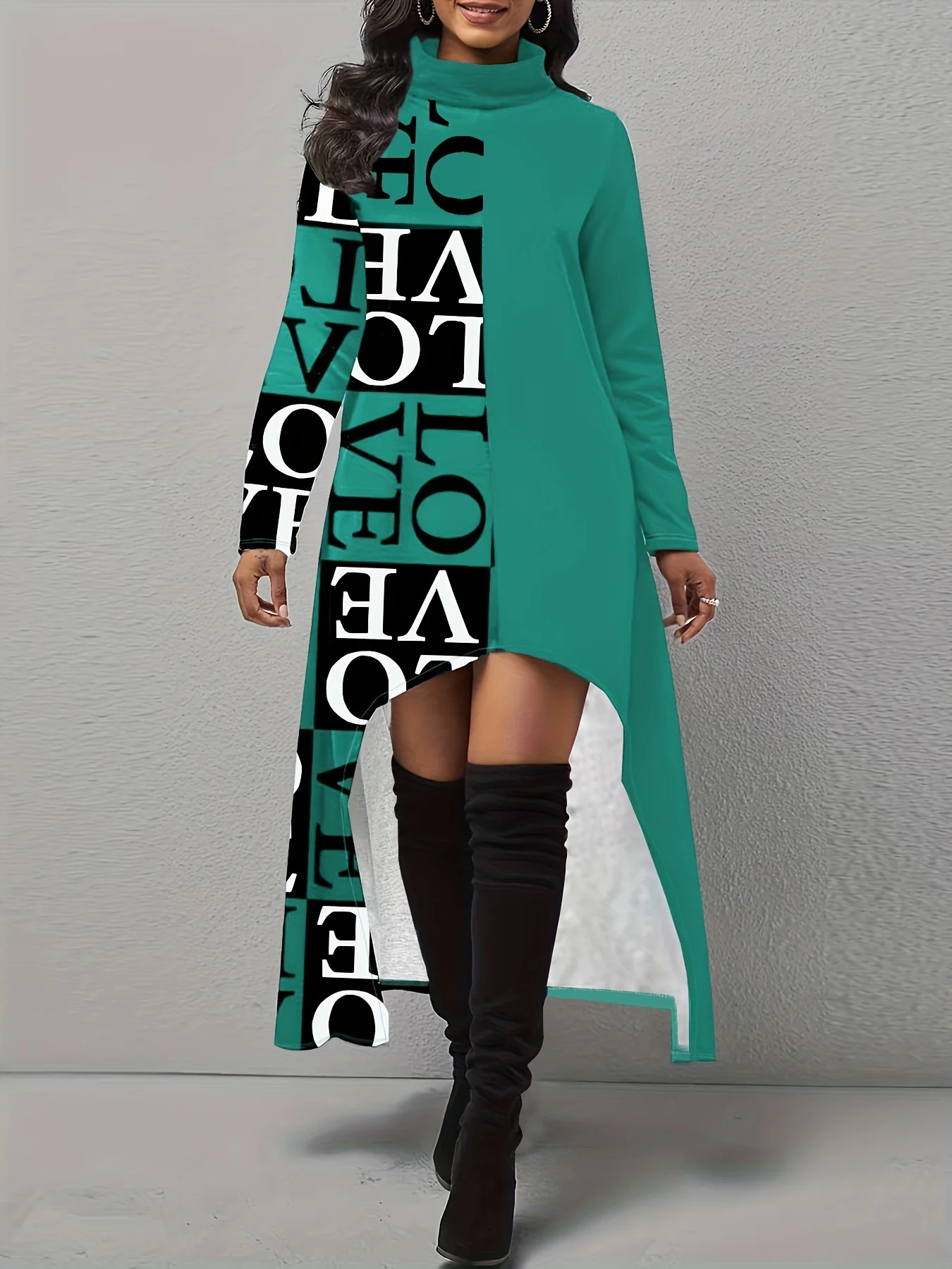 Letter Print Splicing Dress, Casual Dipped Hem Long Sleeve Dress, Women's Clothing - Deanwangkt