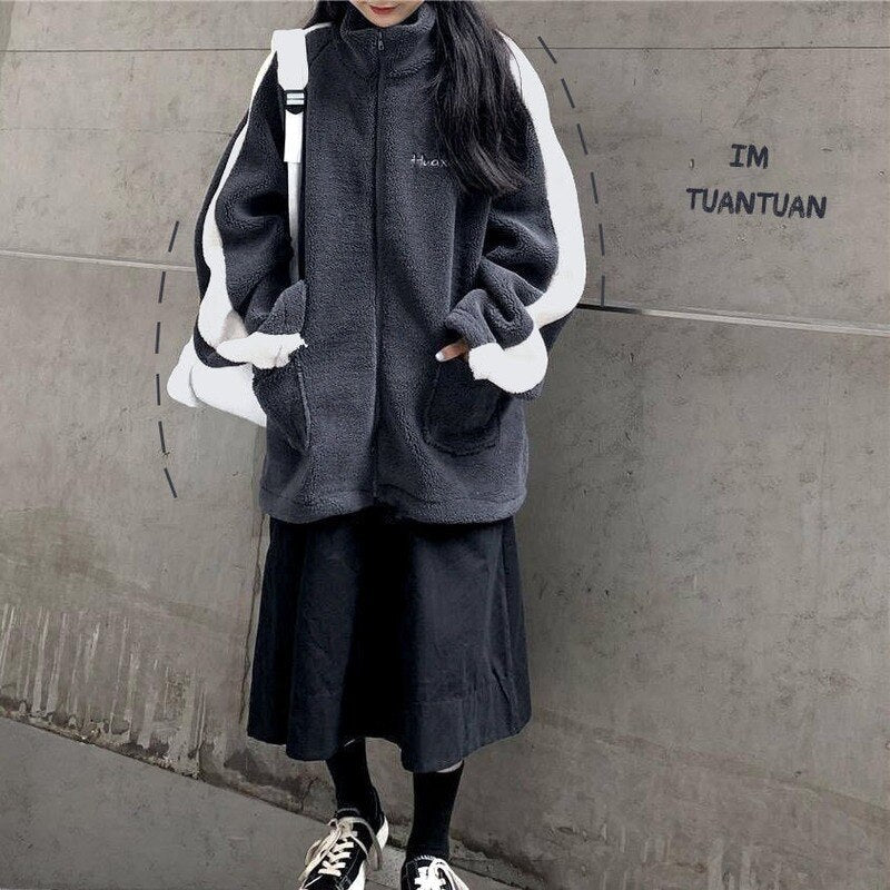 deanwangkt Oversize Women Hoodie Korean Fashion Autumn Winter Warm Harajuku Lamb Wool Zipper Hoodies Casual Thick Sweatshirt Loose - Deanwangkt