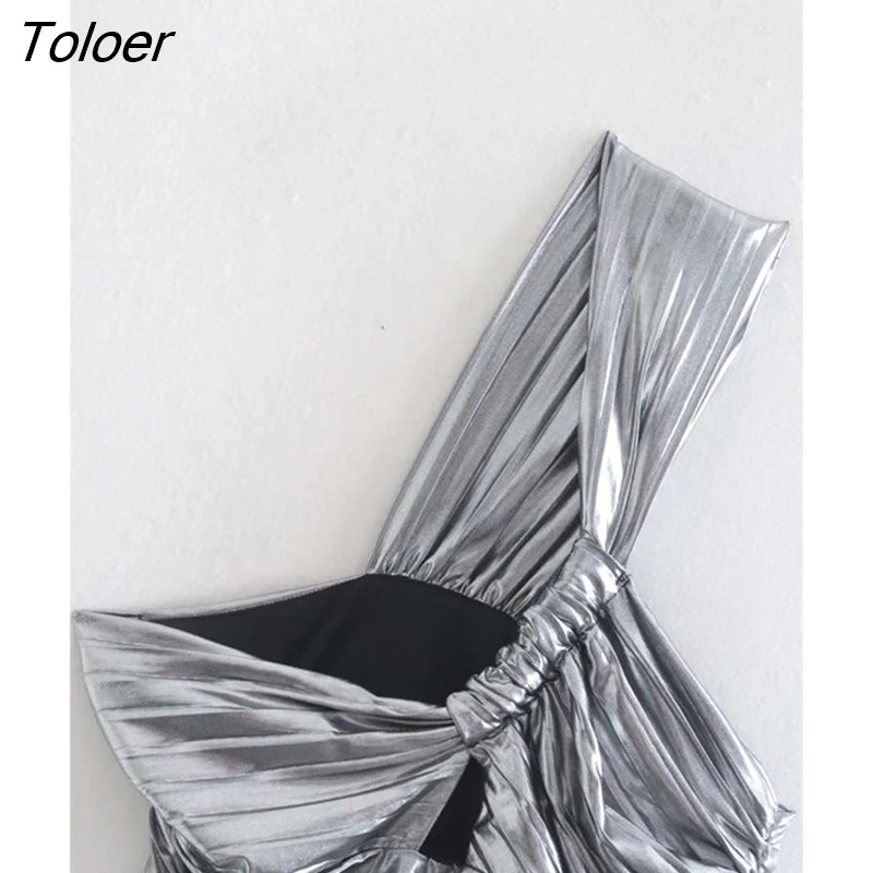 deanwangkt Women Sexy Metallic Color Single Shoulder Knotted Smock Blouse Lady Chic Pleat Side Zipper Crop Shirt Blusas Tops LS375 - Deanwangkt