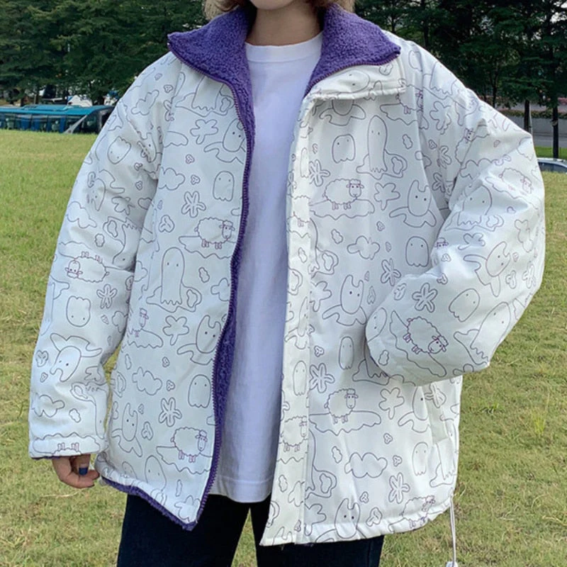 deanwangkt Women Double Sided Jacket Imitation Lambswool Winter Warm Coats Pattern Outerwear Oversized Tops Fashion Reversible Jacket - Deanwangkt
