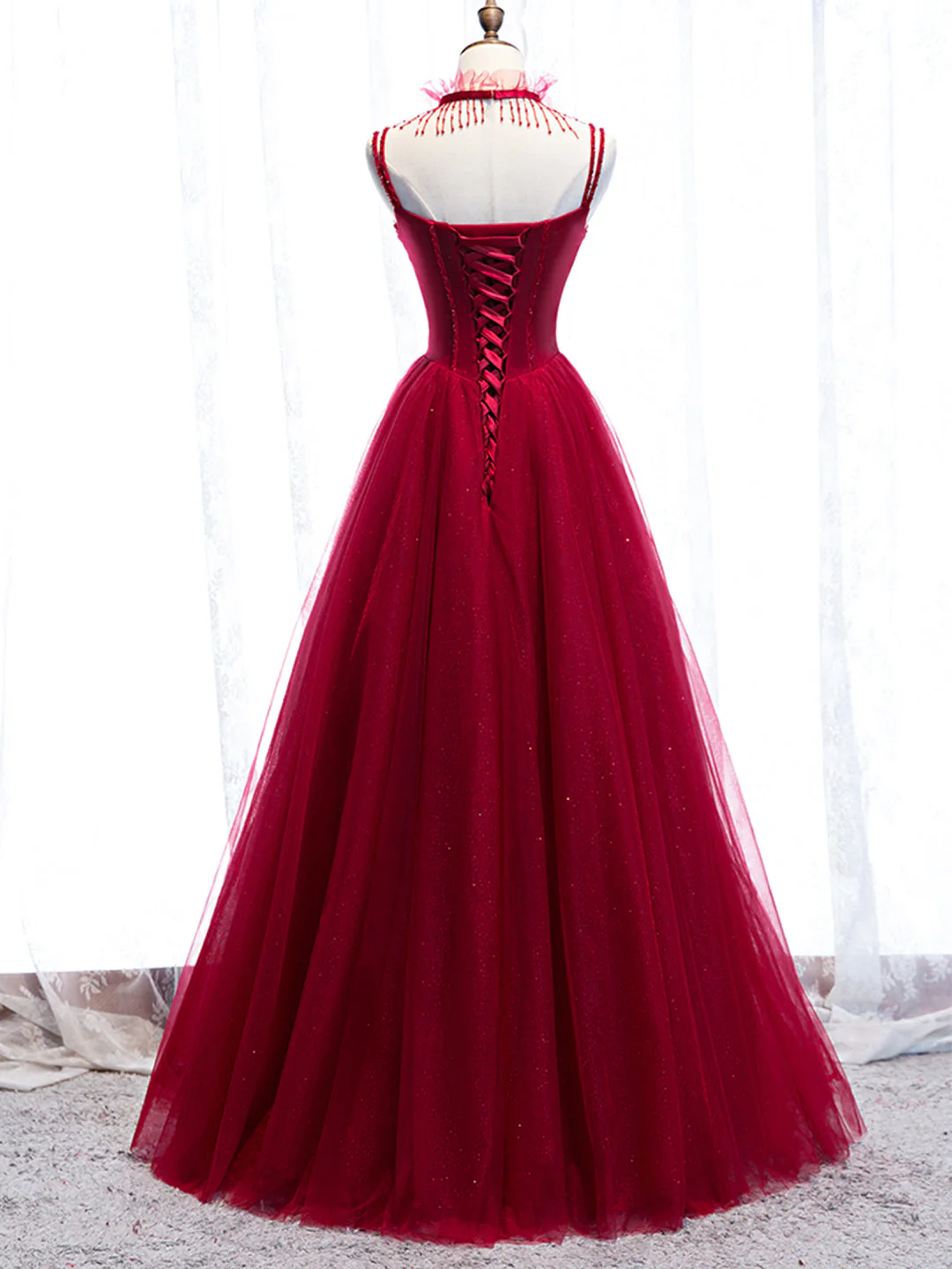 solvbao Red Spaghetti Strap Tulle Party Dress, Red Floor Length Prom Dress - Deanwangkt