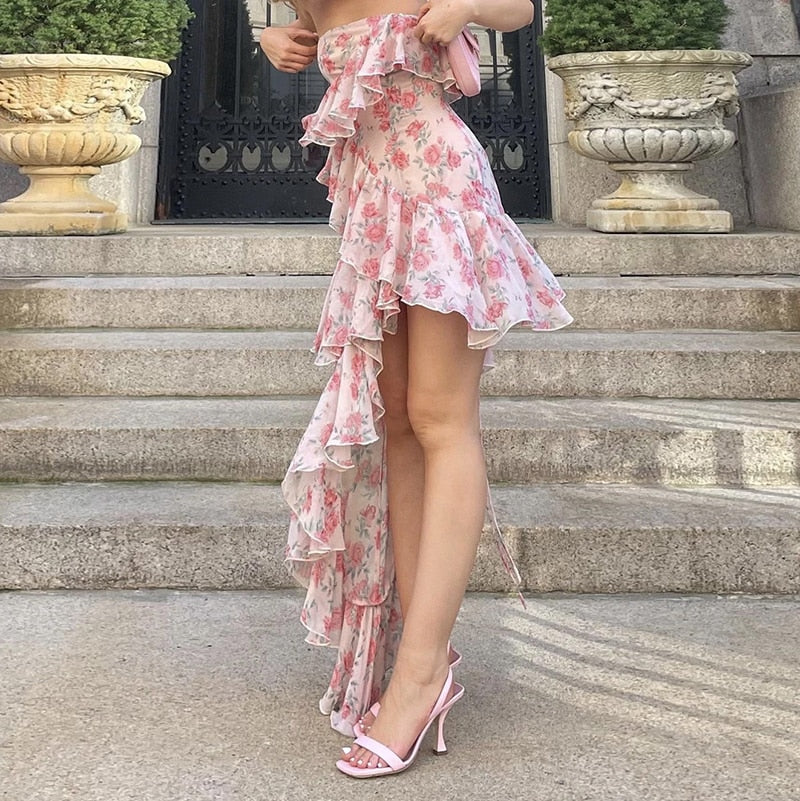 deanwangkt  Irregular Ruffled Breast Wrap Strap Dress Women's  Spring Summer Midi Flower Halterneck  Boho Dress Beach Dress Sundress  Fairy Dress - Deanwangkt