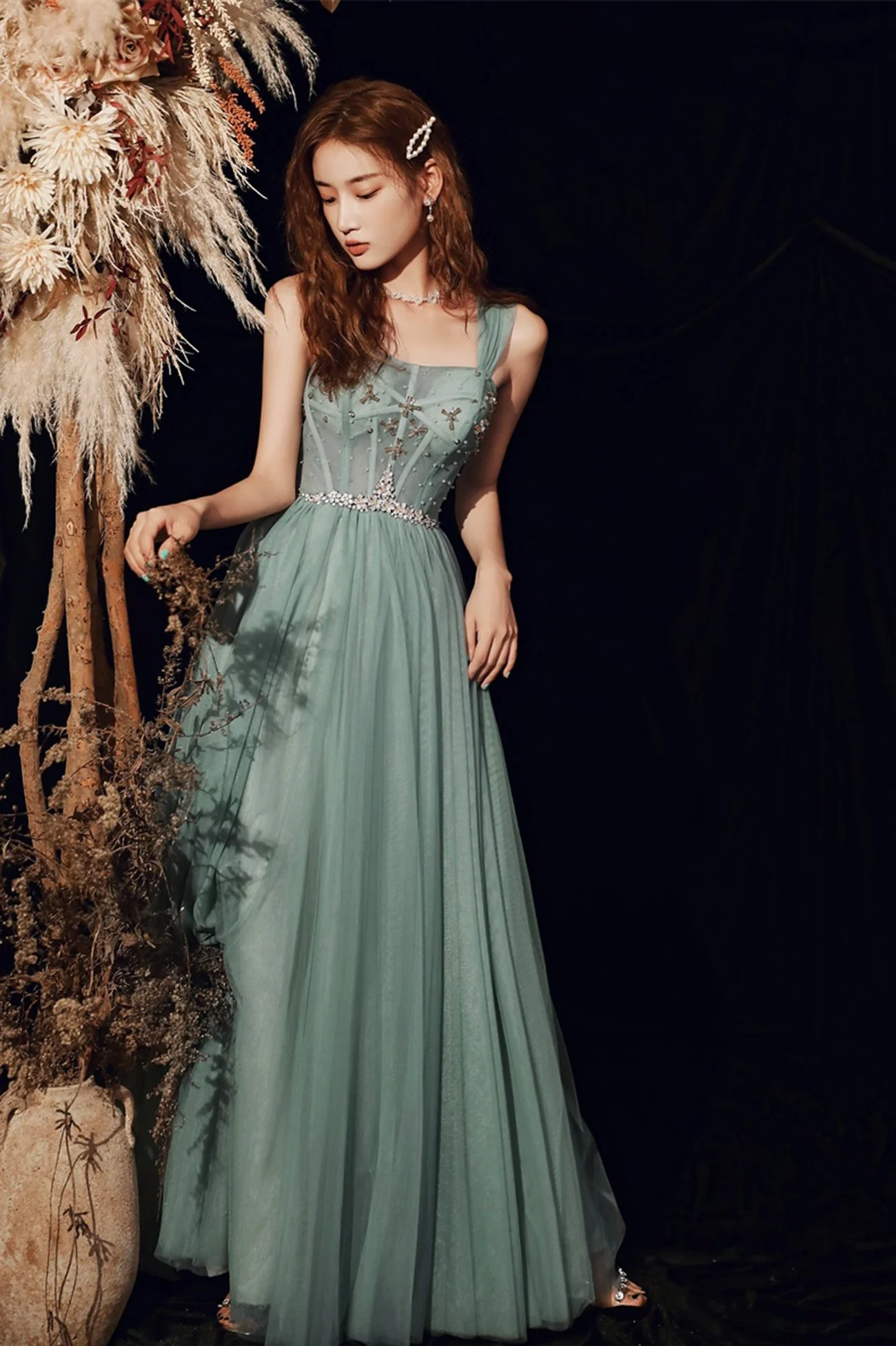 solvbao Beautiful Tulle Beaded Long Prom Dress,  A-Line Evening Dress - Deanwangkt