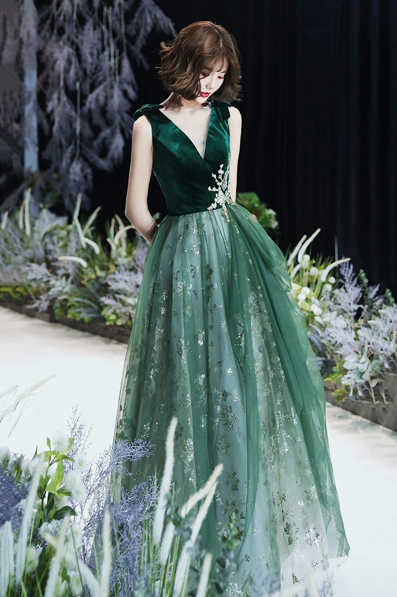 solvbao Green Velvet Tulle Long Prom Dresses, V-Neck Green Evening Dresses - Deanwangkt